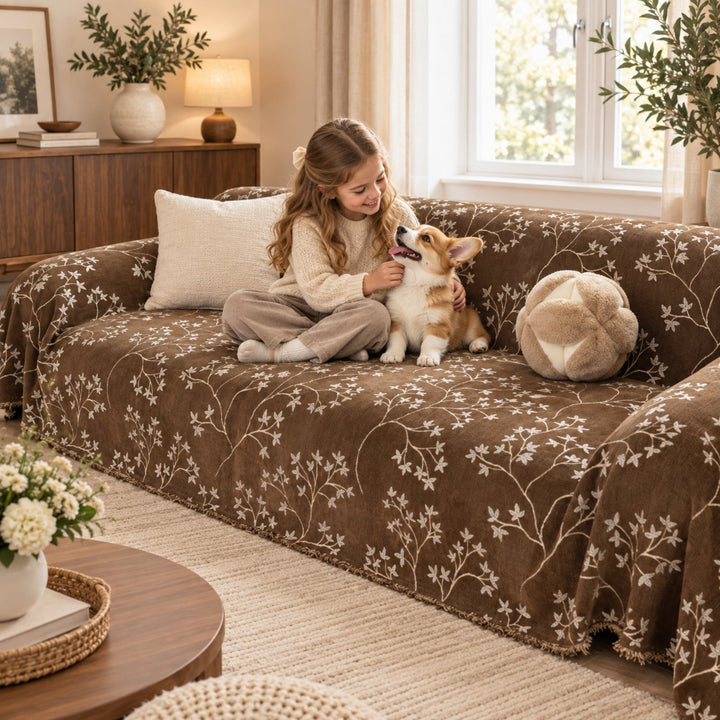 Wandering Sprig Chenille Sofa Throw | Reversible & Fringed Sofa Protector