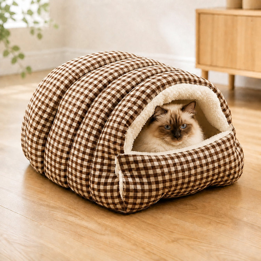 Cosy Gingham Cat Bed | Warm Washable Enclosed Pod with Removable Top