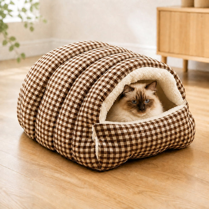 Cosy Gingham Cat Bed | Warm Washable Enclosed Pod with Removable Top