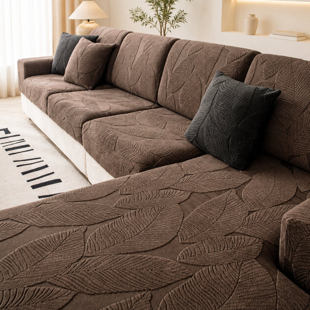 Modern Leaf Jacquard Sofa Cover | Waterproof Stretch Full Wrap | Anti-Scratch Protector