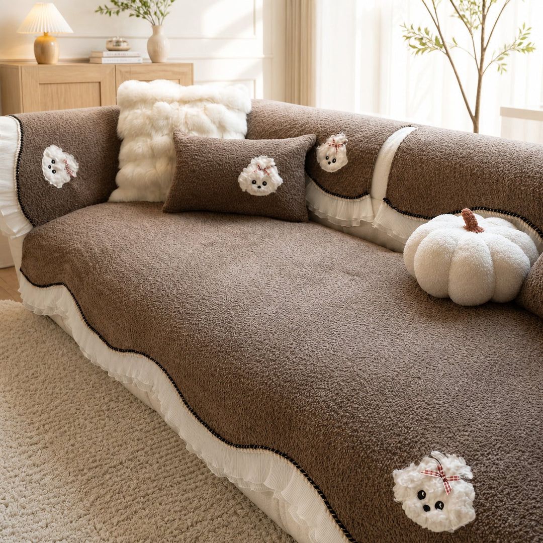 Little Puppy Ruffle Sofa Protector | Chenille | Non-Slip Washable Cover
