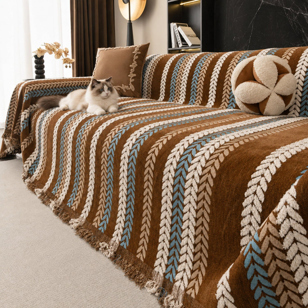Leaf Pattern Chenille Sofa Cover | One-Piece Throw | Pet Fur & Dust Protection | Machine Washable