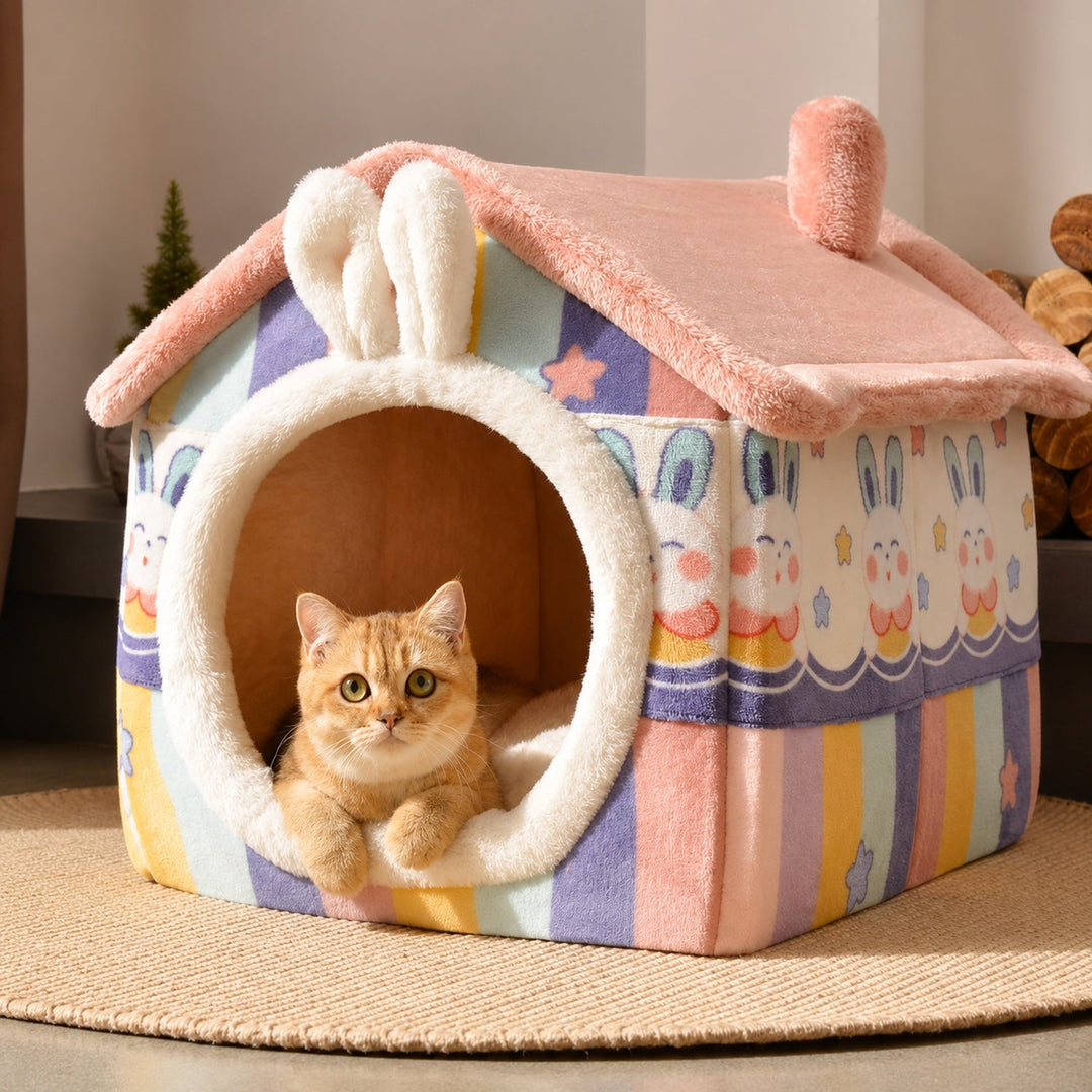 Dog Bed & Cat Bed | Rainbow Bunny House | Warm Plush, Washable & Non-Slip