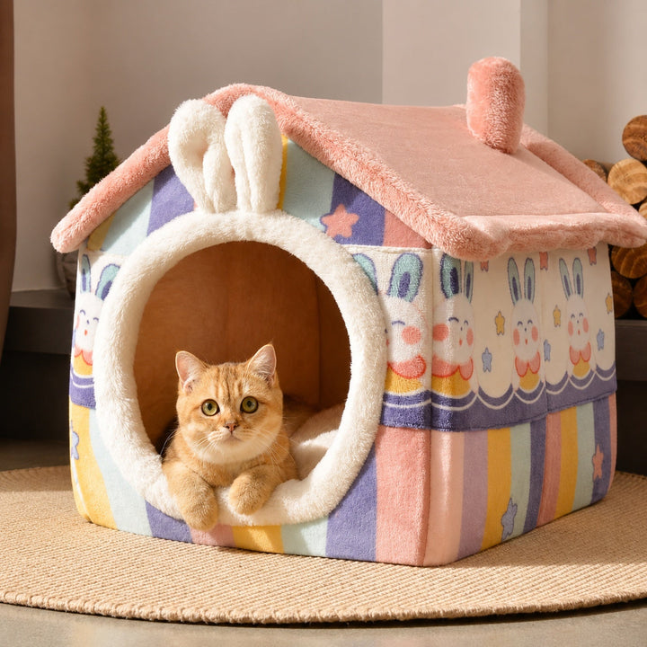 Dog Bed & Cat Bed | Rainbow Bunny House | Warm Plush, Washable & Non-Slip