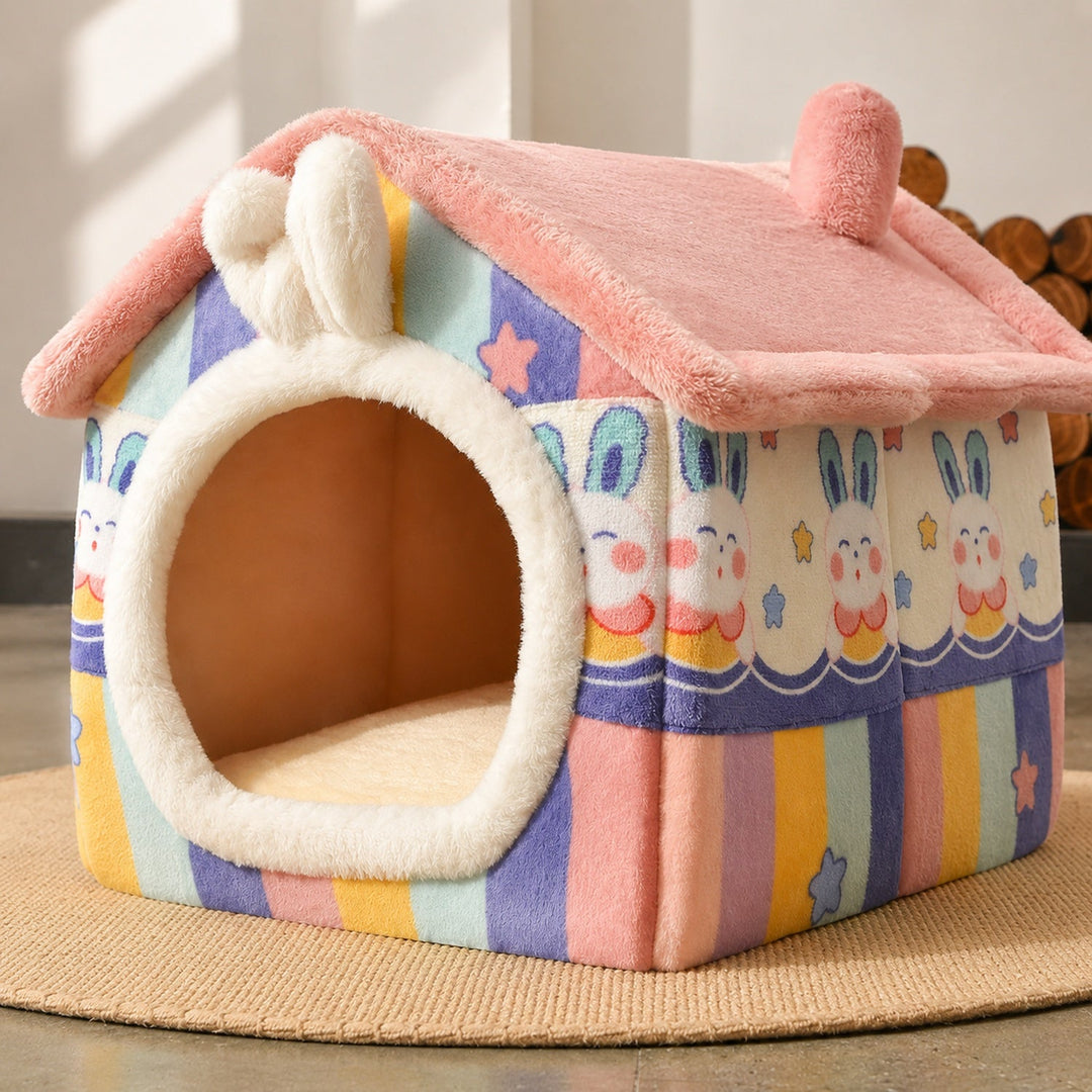 Dog Bed & Cat Bed | Rainbow Bunny House | Warm Plush, Washable & Non-Slip
