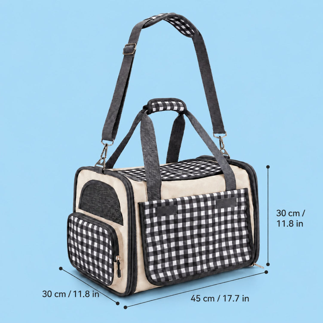 Gingham Cat Carrier Bag | Foldable Travel Carrier with Mesh Panels and Shoulder Strap