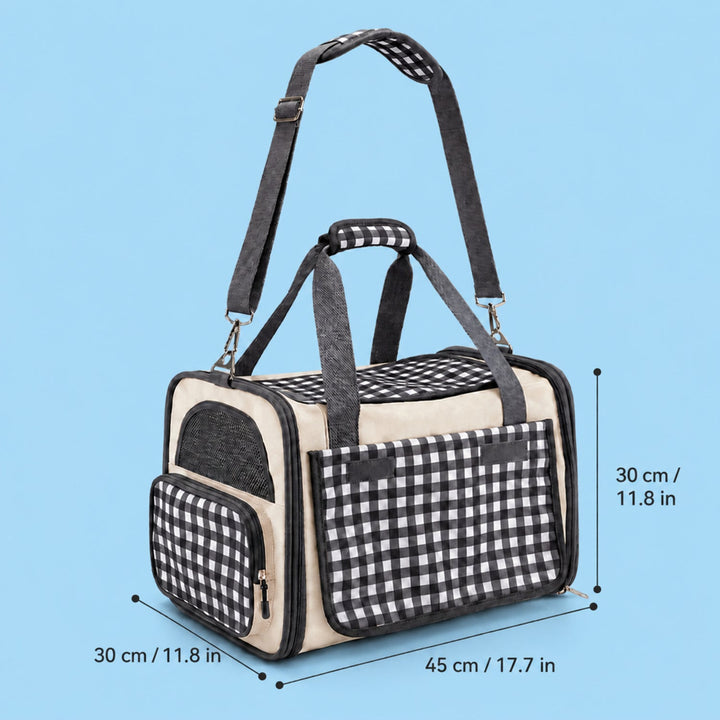 Gingham Cat Carrier Bag | Foldable Travel Carrier with Mesh Panels and Shoulder Strap