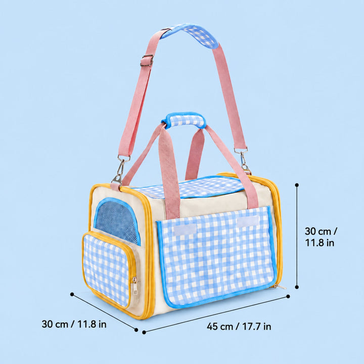 Gingham Cat Carrier Bag | Foldable Travel Carrier with Mesh Panels and Shoulder Strap