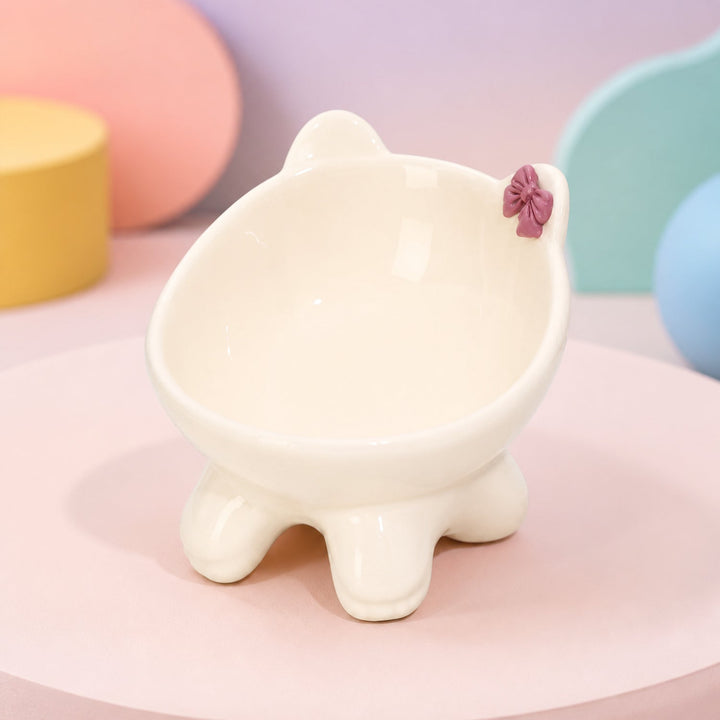 Bow Kitty Raised Ceramic Cat Bowl | 15° Tilted Easy-Clean Feeder