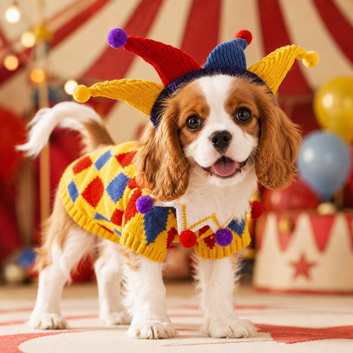 Jolly Jester Pet Costume | Cosy Knitted Halloween Jumper for Dogs & Cats