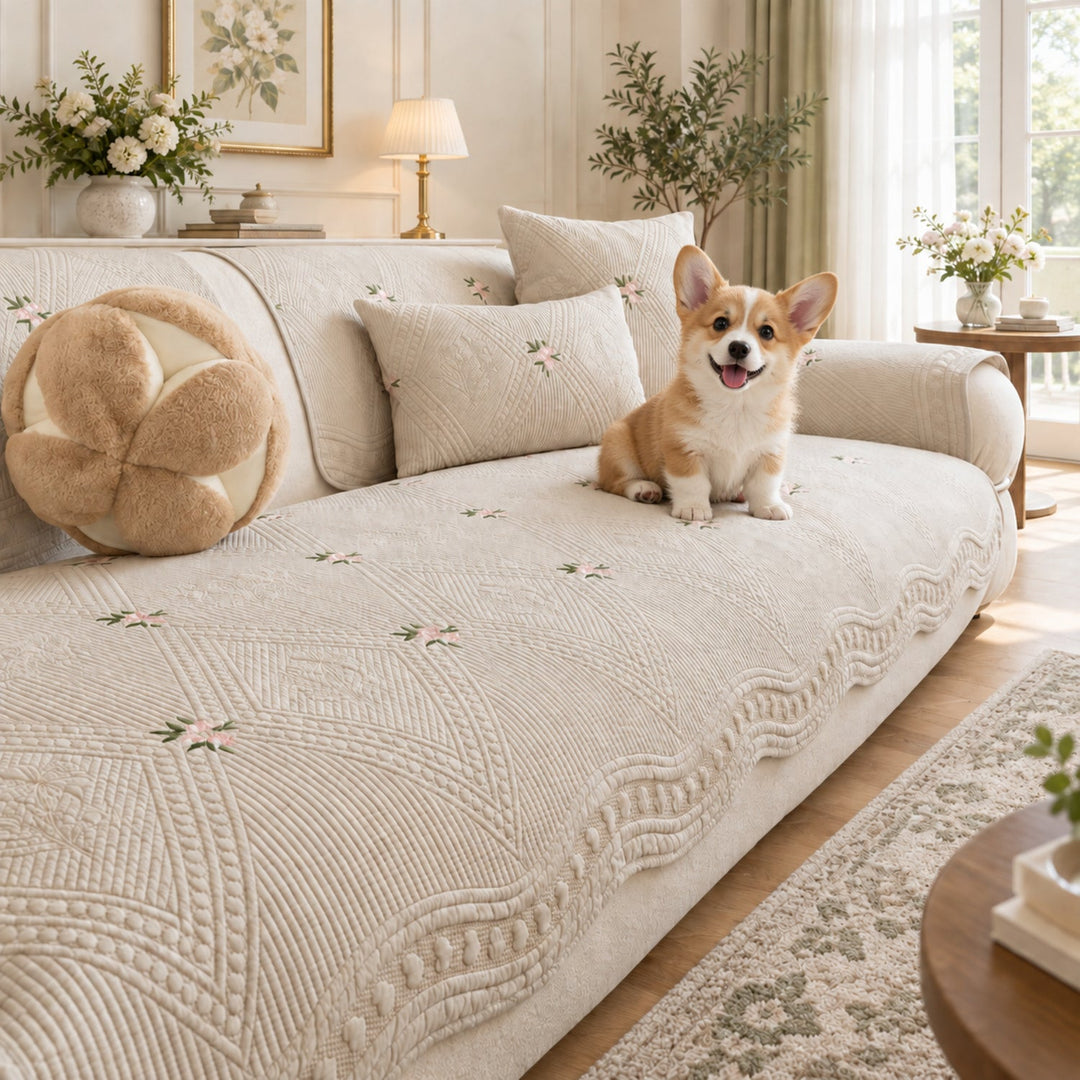 Dainty Sprig Cotton Sofa Cover | Embroidered, Non-Slip & Machine Washable