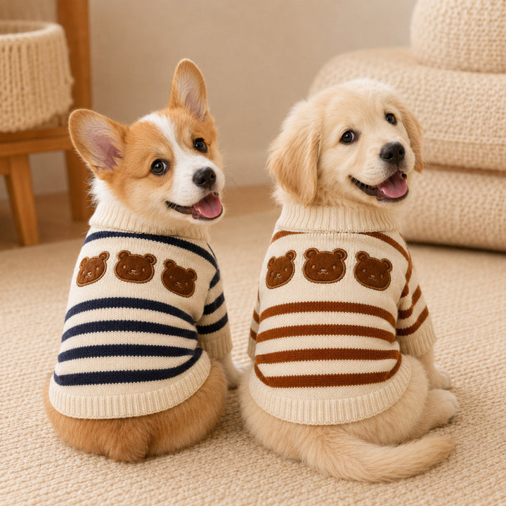 Teddy Bear Stripe Dog Jumper | Cosy Knitted Autumn & Winter Pet Sweater