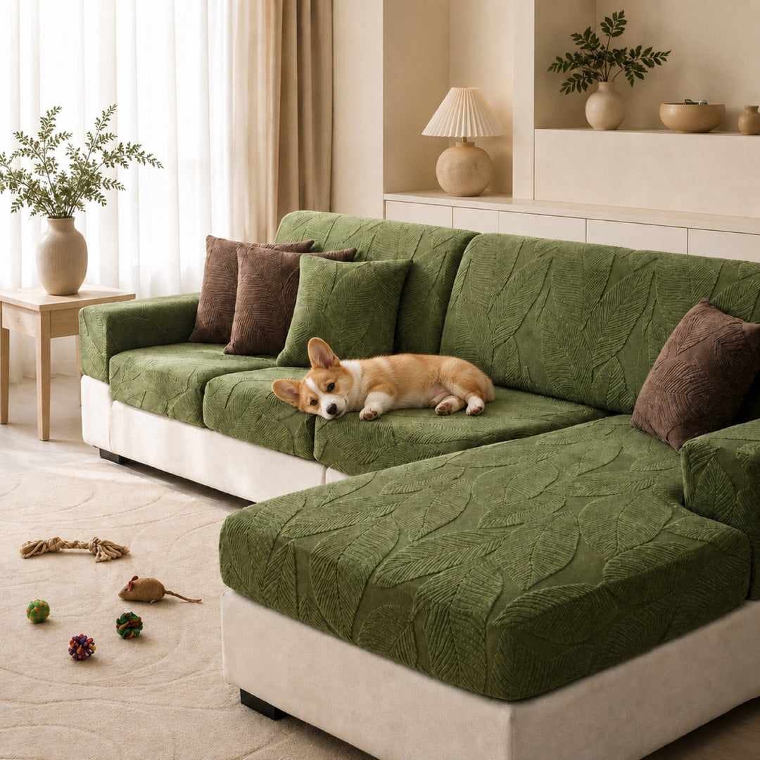 Modern Leaf Jacquard Sofa Cover | Waterproof Stretch Full Wrap | Anti-Scratch Protector