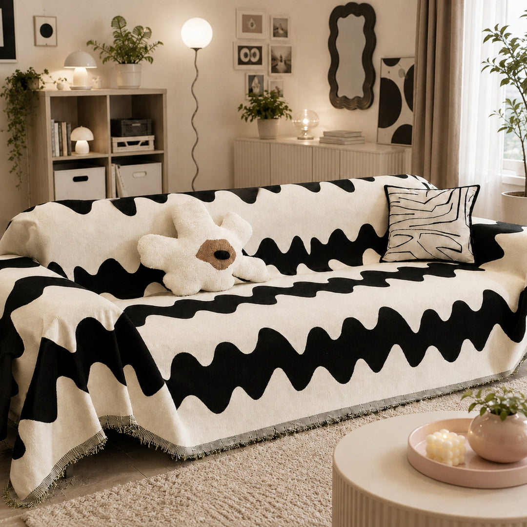 Black Ocean Chenille Sofa Throw | Non-Slip Scratch-Resistant Sofa Protector