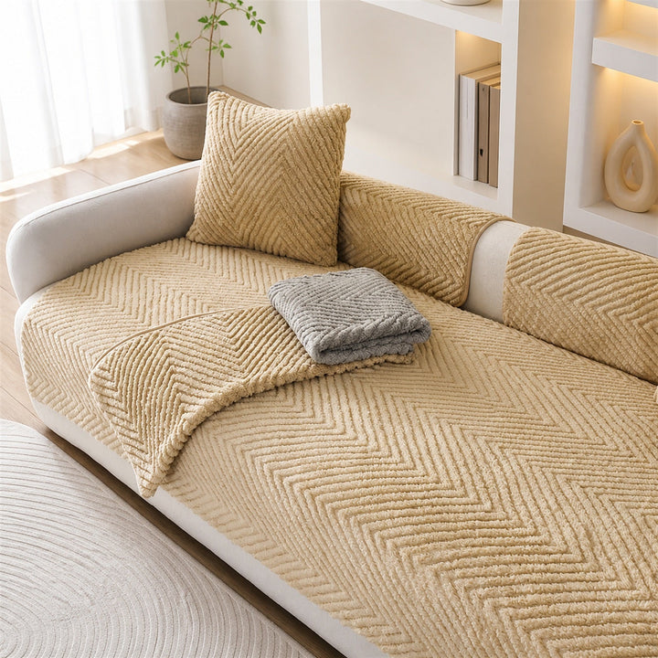 Thickened Plush Herringbone Sofa Cover | Non-Slip Pet-Proof Couch Protector | Machine Washable