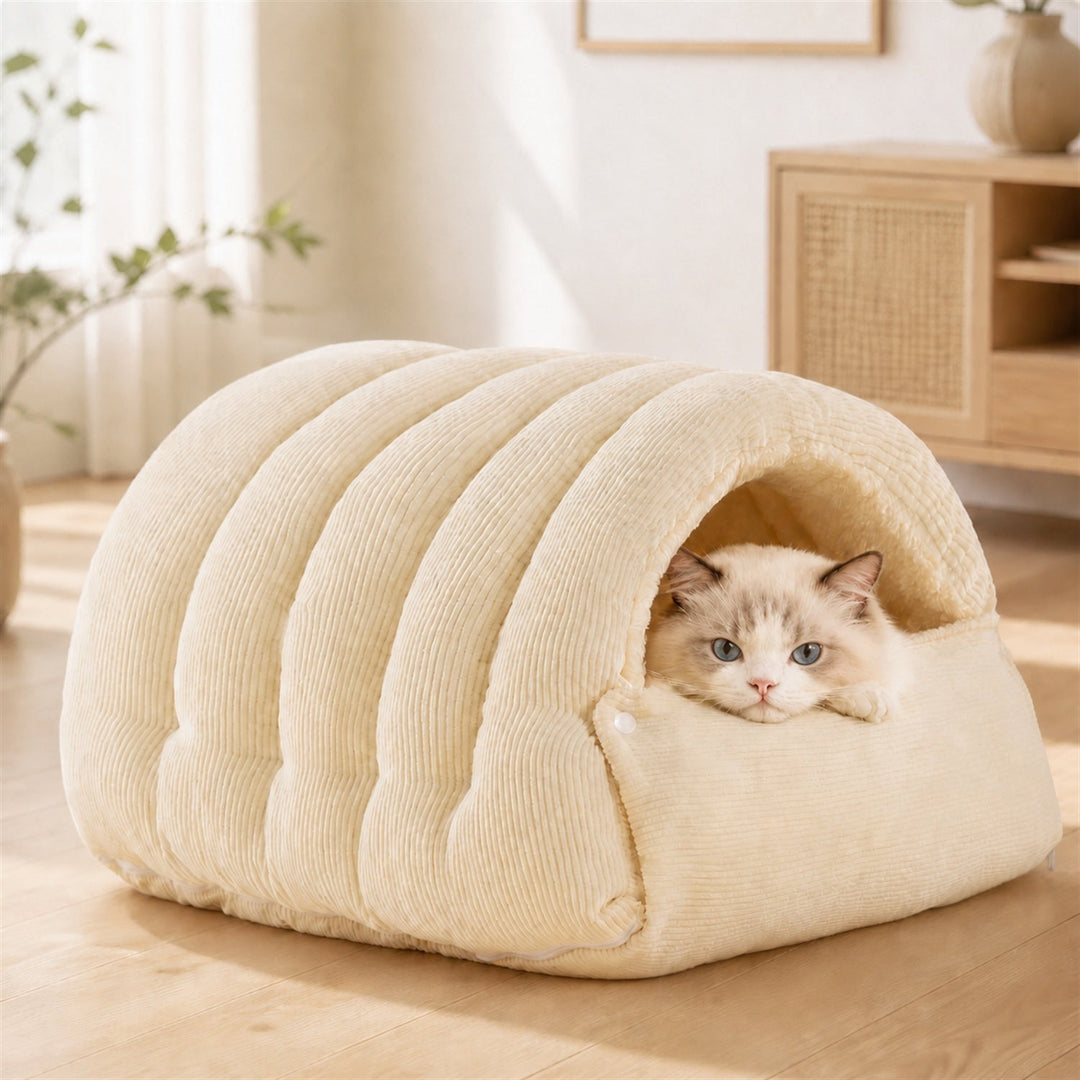Cosy Tunnel Cat Bed | Warm Corduroy | Removable Washable Hideaway