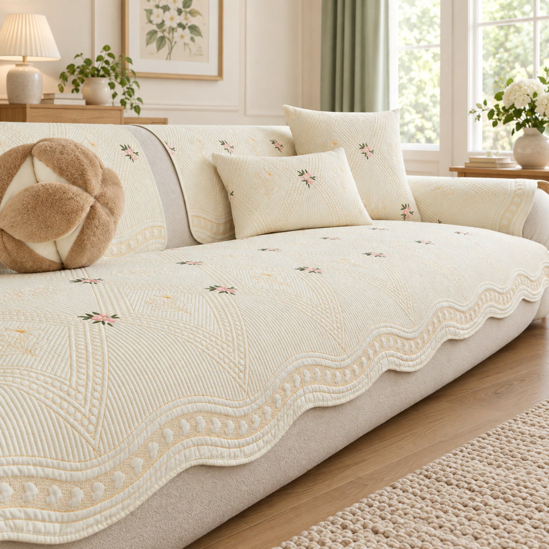 Dainty Sprig Cotton Sofa Cover | Embroidered, Non-Slip & Machine Washable