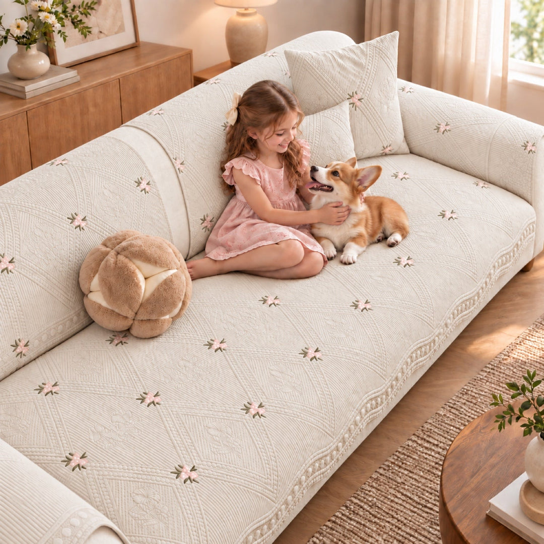 Dainty Sprig Cotton Sofa Cover | Embroidered, Non-Slip & Machine Washable