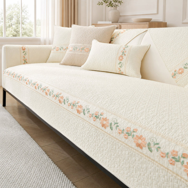 Floral Garden Sofa Cover | Breathable Cotton |  All-Season Anti-Slip Couch Protector