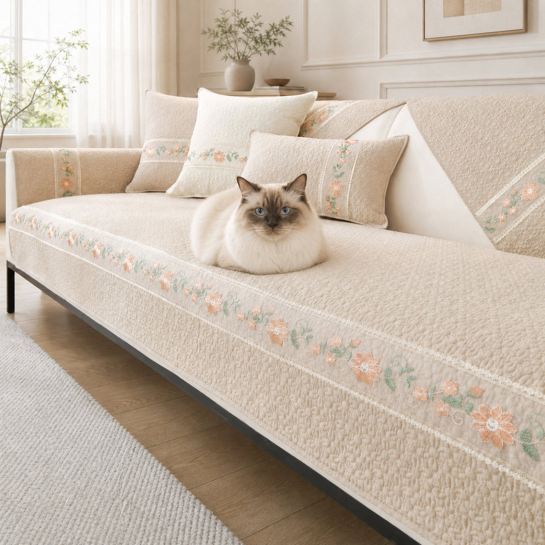 Floral Garden Sofa Cover | Breathable Cotton |  All-Season Anti-Slip Couch Protector