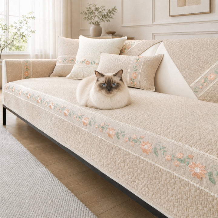 Floral Garden Sofa Cover | Breathable Cotton |  All-Season Anti-Slip Couch Protector