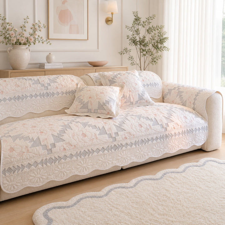 Floral Mosaic Cotton Sofa Protector | Quilted Non-Slip Washable Cover