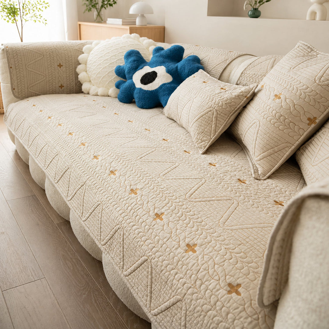 Nordic Cross Quilted Sofa Protector | 100% Cotton Non-Slip Washable Cover