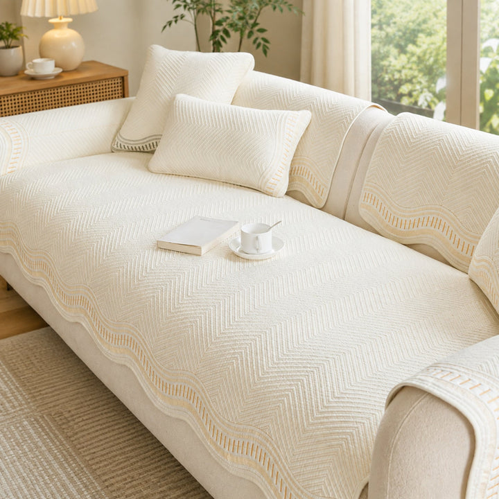 Chevron Wave Cotton Sofa Protector | Non-Slip Machine-Washable Cover
