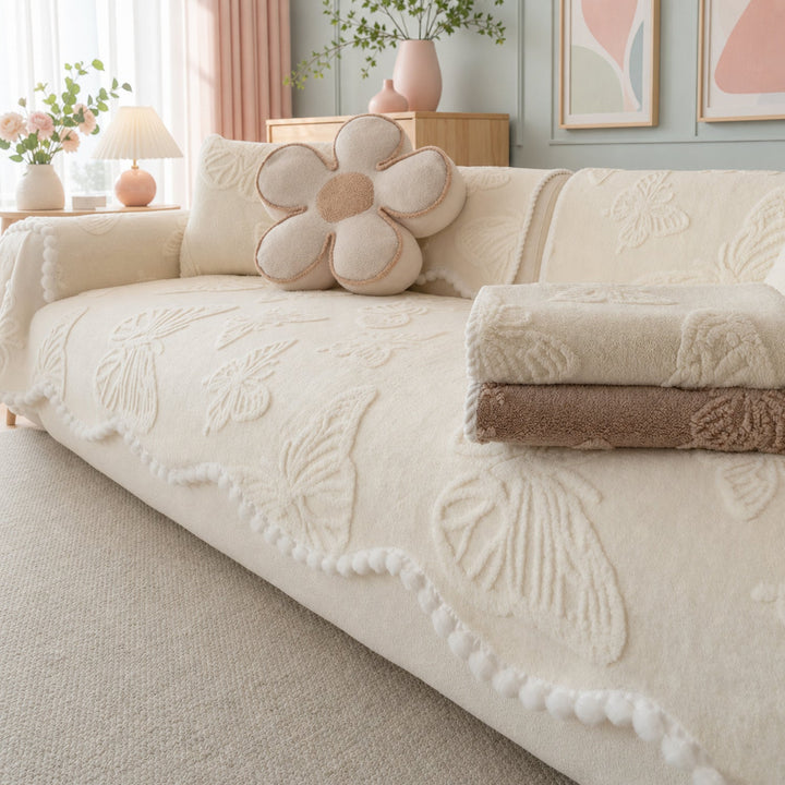 Butterfly Plush Sofa Protector | Warm Non-Slip Washable Winter Cover