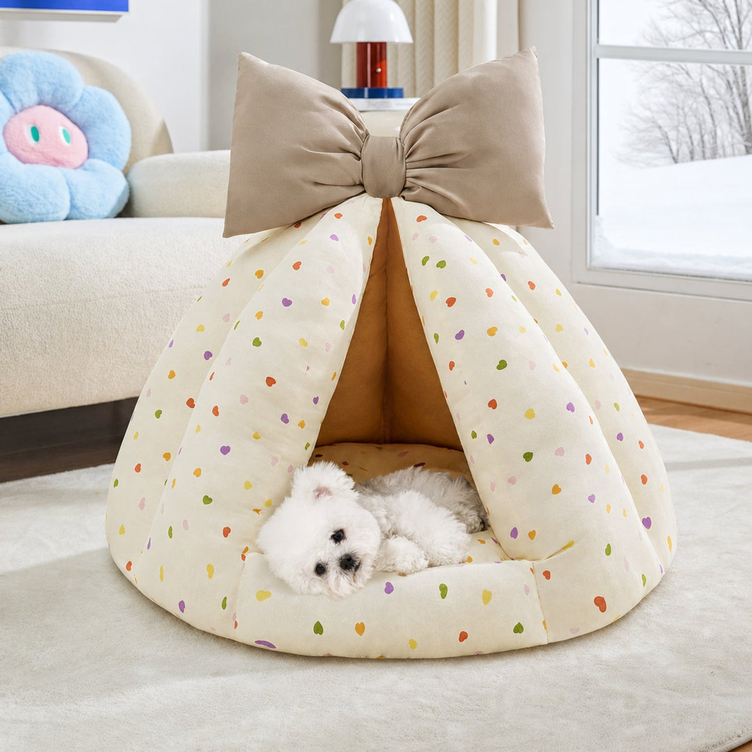 Dog Bed & Cat Bed | Bow Pet Tent | Cotton-Blend Fabric, Hand-Washable & Non-Slip