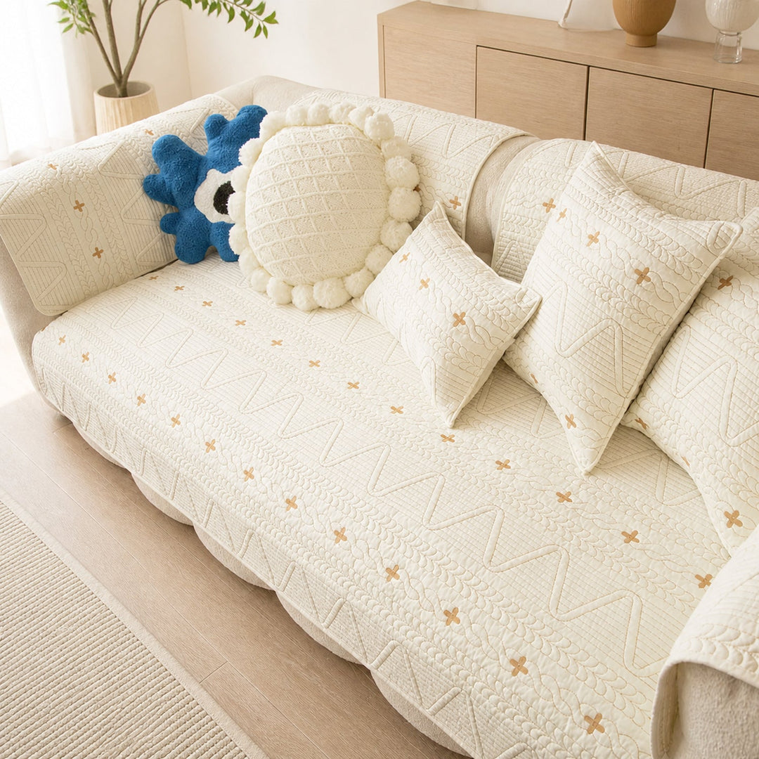 Nordic Cross Quilted Sofa Protector | 100% Cotton Non-Slip Washable Cover
