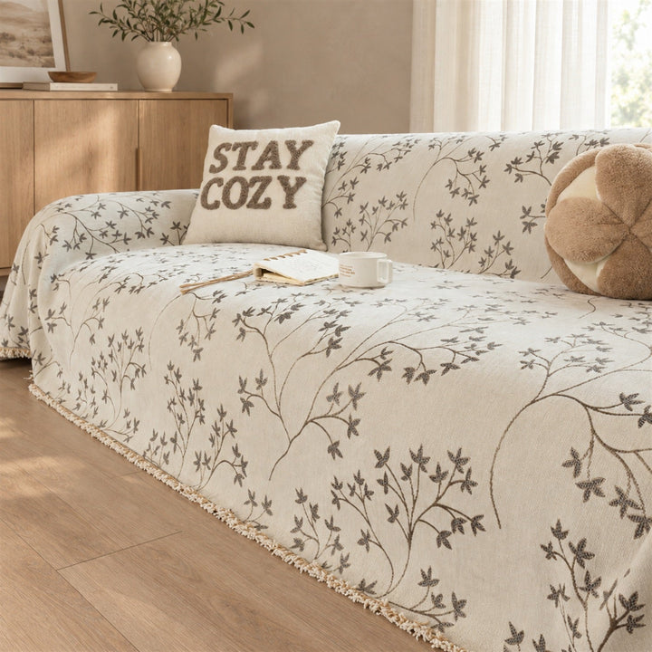 Wandering Sprig Chenille Sofa Throw | Reversible & Fringed Sofa Protector