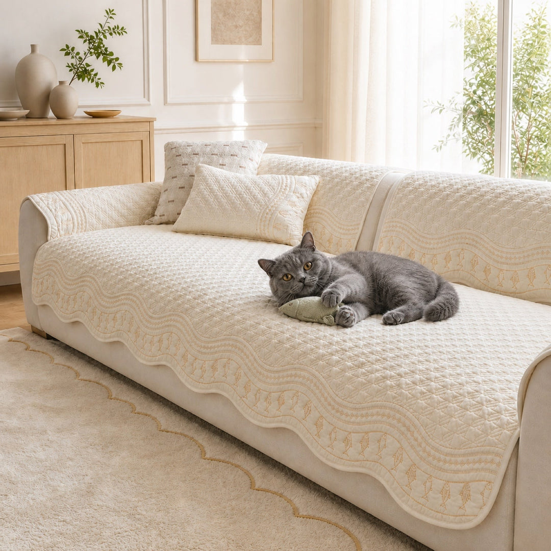 Fish Pattern Cotton Sofa Protector | Quilted Non-Slip Washable Cover