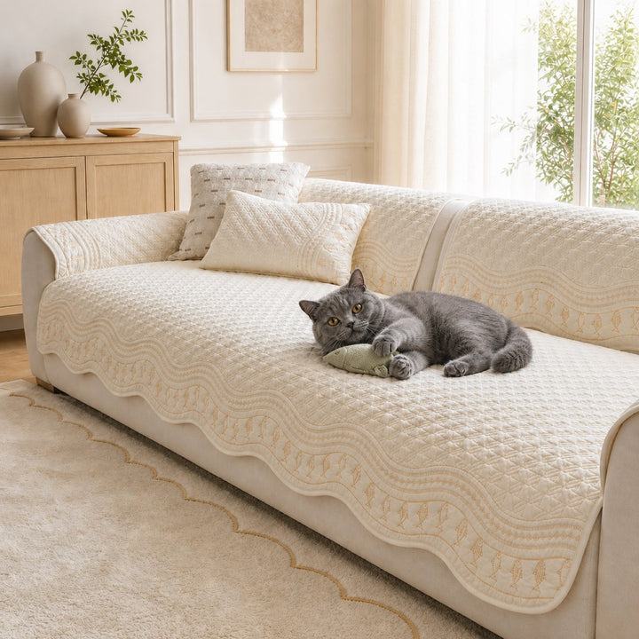 Fish Pattern Cotton Sofa Protector | Quilted Non-Slip Washable Cover