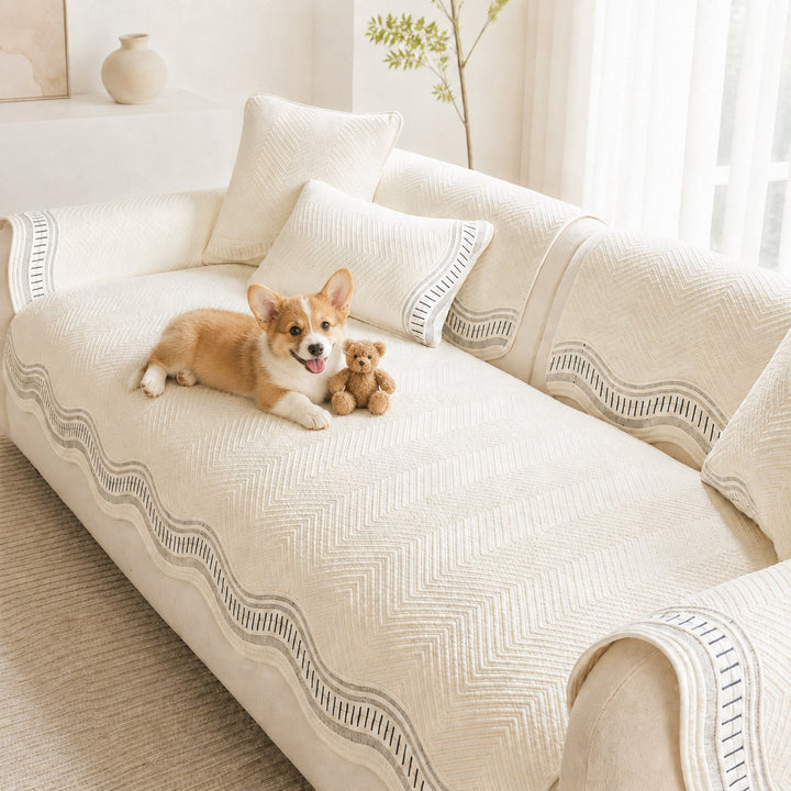 Chevron Wave Cotton Sofa Protector | Non-Slip Machine-Washable Cover