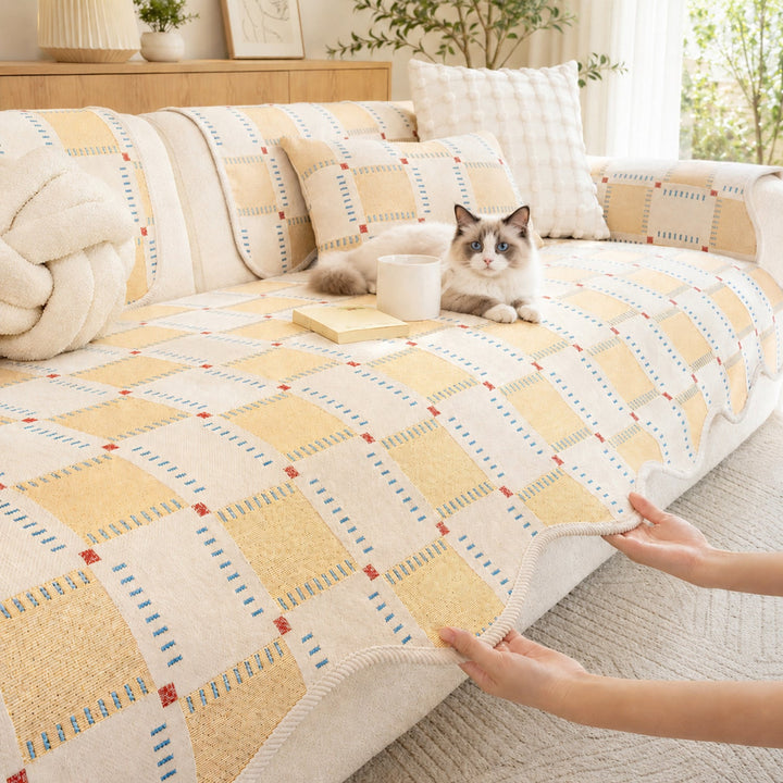 Plaid Chenille Sofa Protector | Scratch-Resistant Non-Slip Washable Cover
