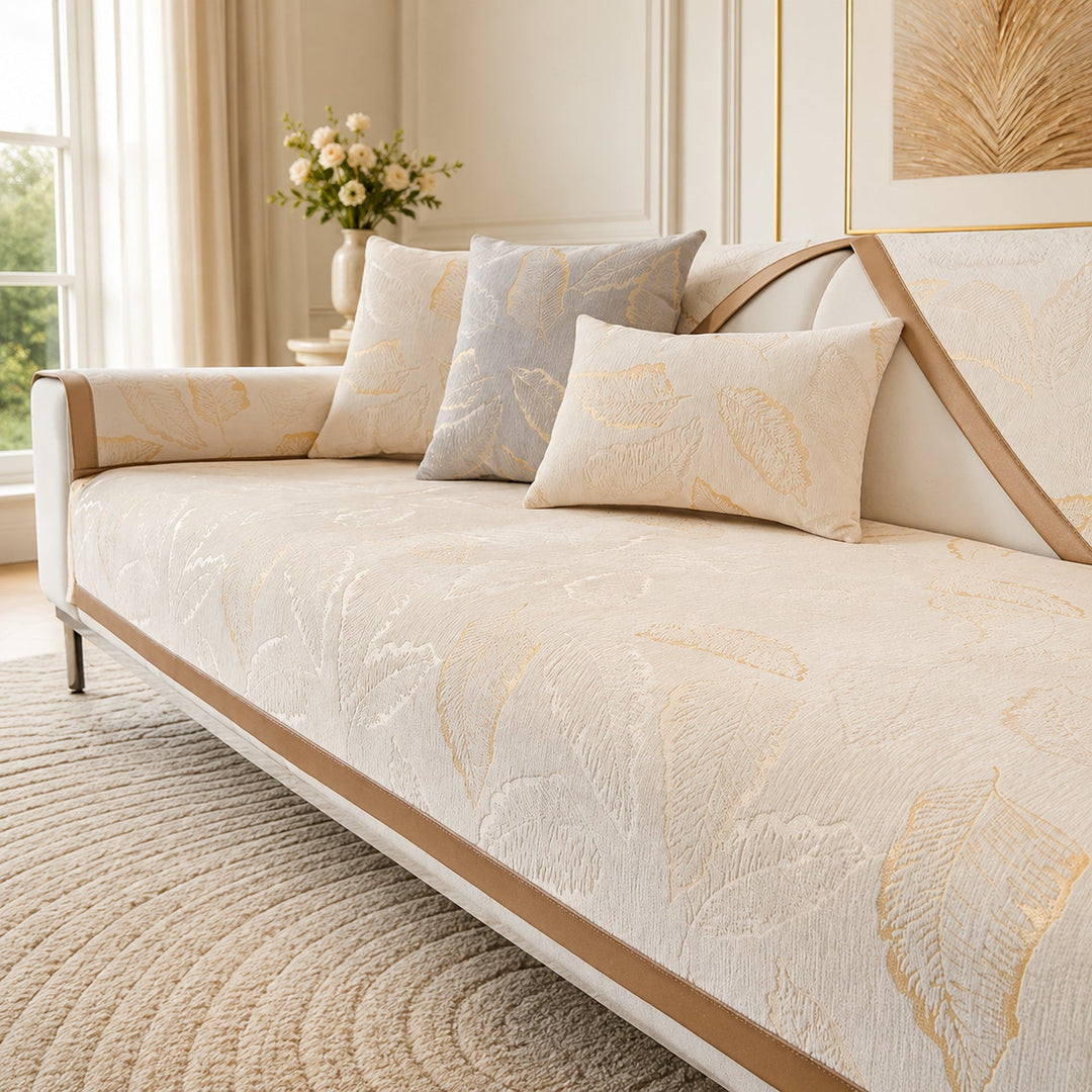 Gilded Leaf Sofa Protector | Chenille Jacquard Non-Slip Washable Cover