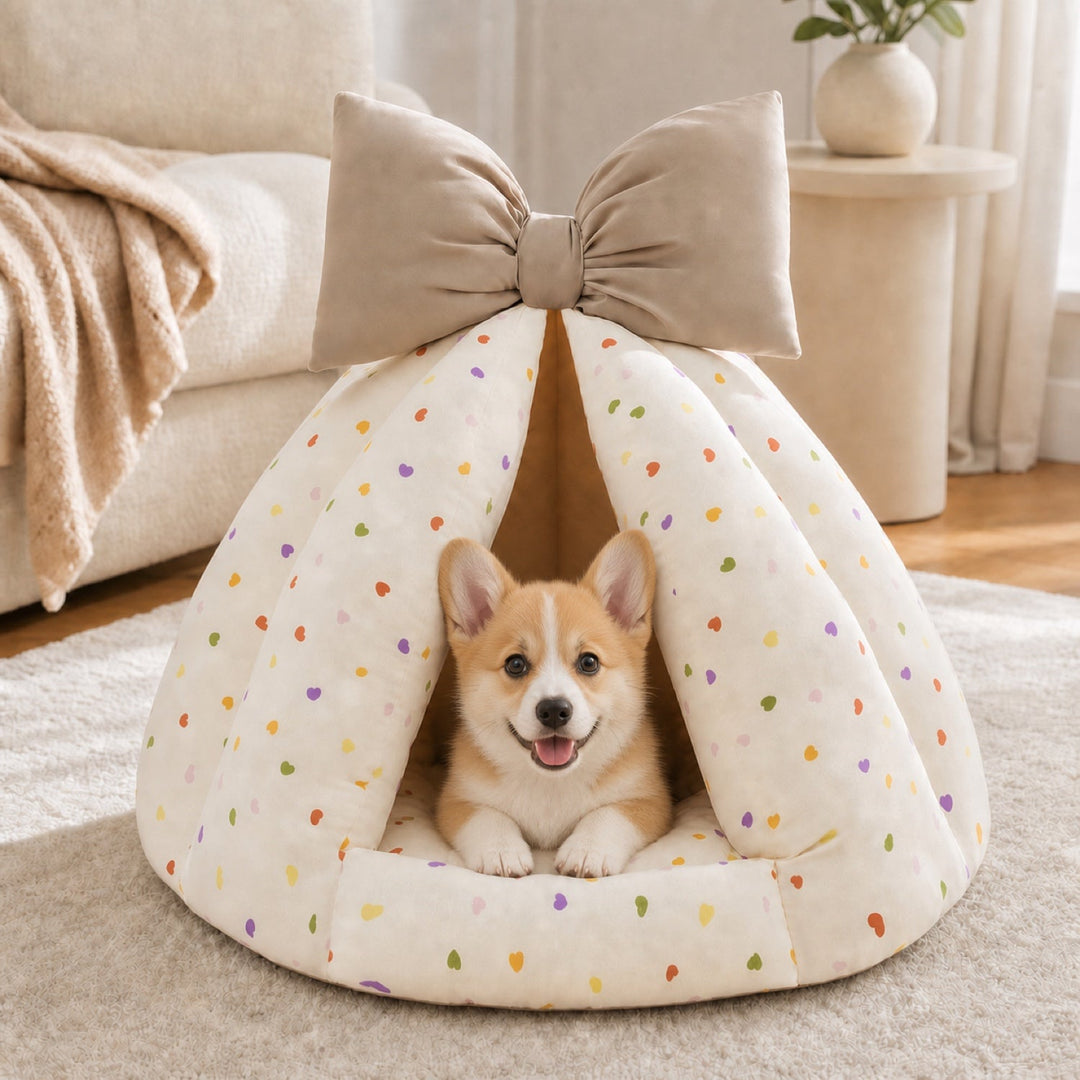 Dog Bed & Cat Bed | Bow Pet Tent | Cotton-Blend Fabric, Hand-Washable & Non-Slip