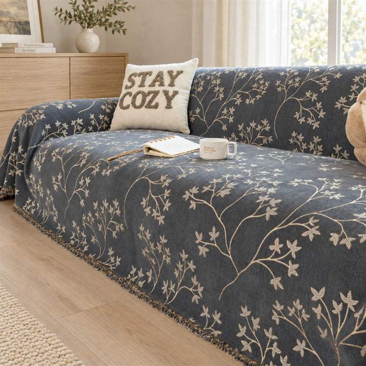 Wandering Sprig Chenille Sofa Throw | Reversible & Fringed Sofa Protector