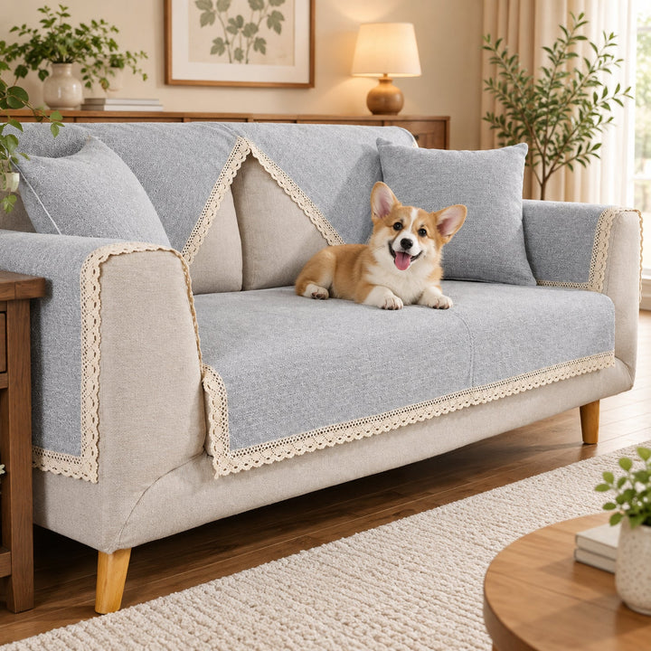 Sofa Cover | Cotton-Linen | Non-Slip Sofa Protector with Lace Trim