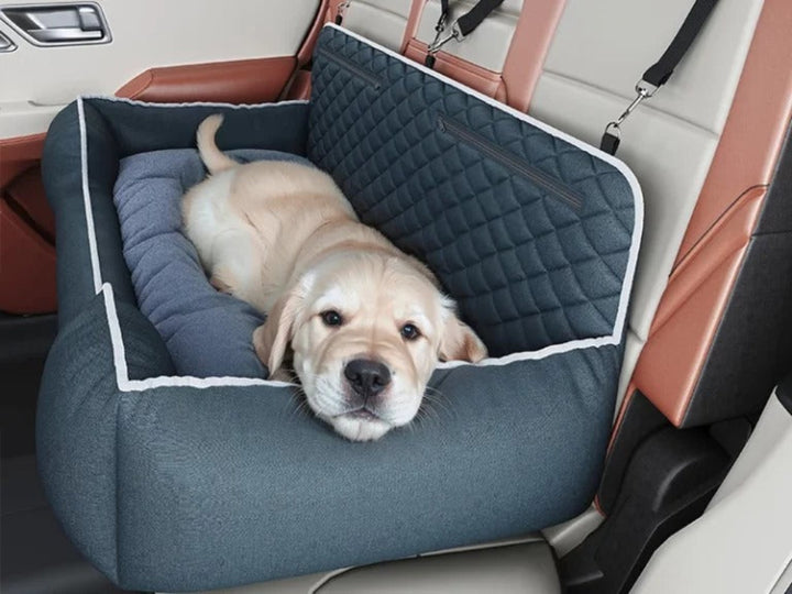 ComfyRide Dog Car Seat Bed – Luxury Travel Comfort with Storage Pockets