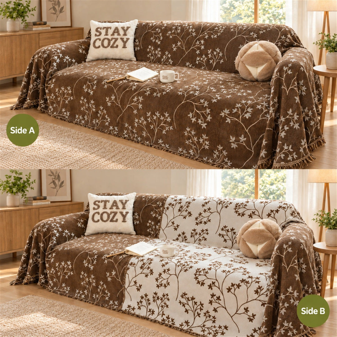 Wandering Sprig Chenille Sofa Throw | Reversible & Fringed Sofa Protector