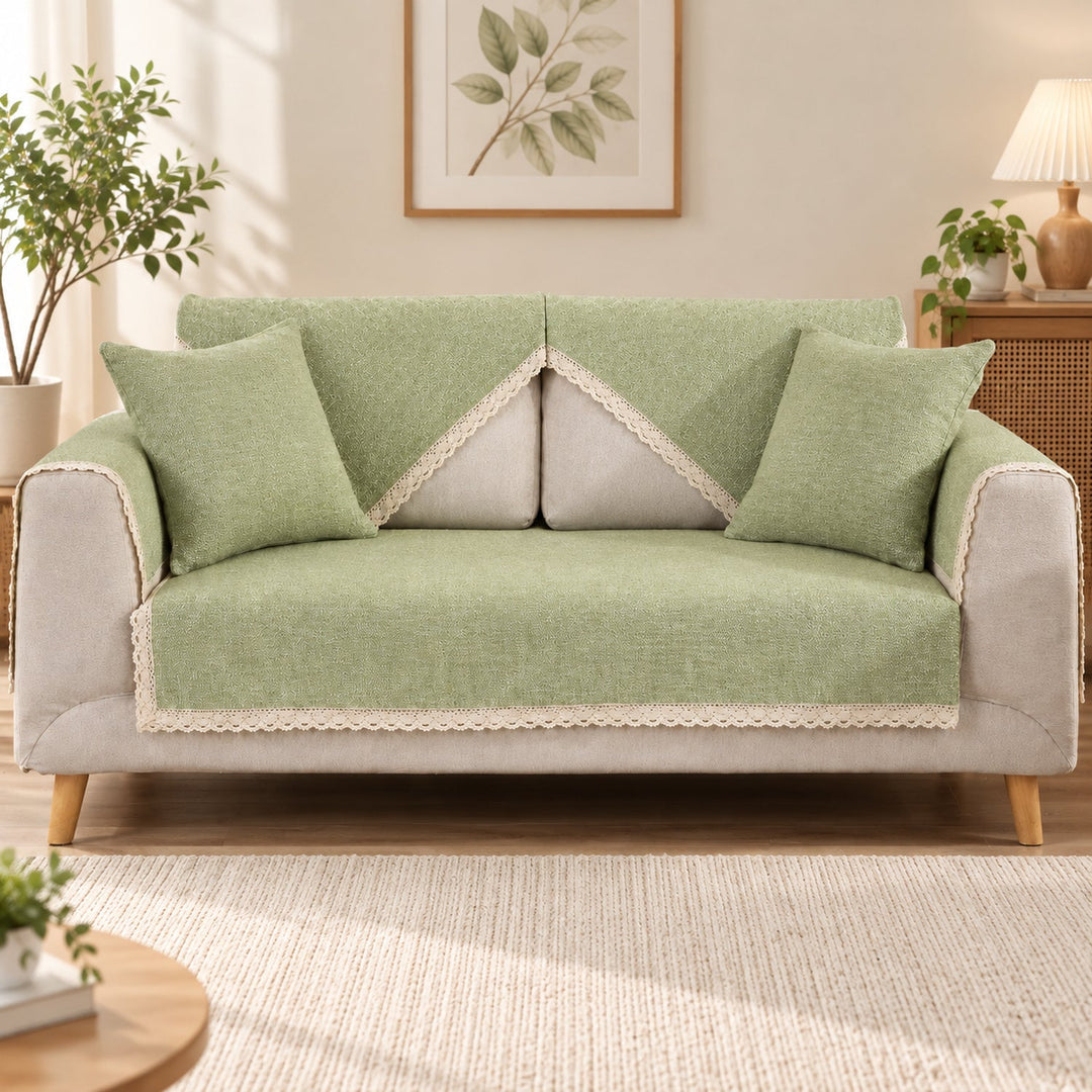 Sofa Cover | Cotton-Linen | Non-Slip Sofa Protector with Lace Trim