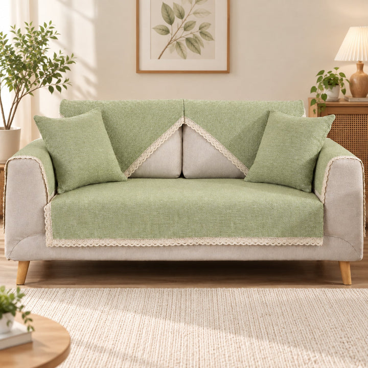 Sofa Cover | Cotton-Linen | Non-Slip Sofa Protector with Lace Trim