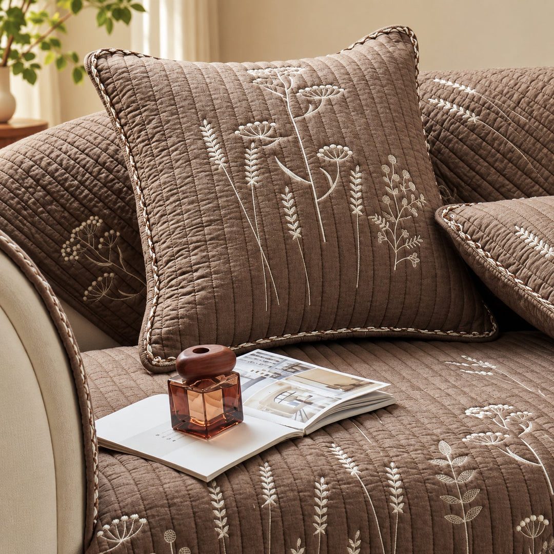 Floral Embroidered Sofa Cover | Sofa Cushion Covers | Non-Slip & Machine-Washable
