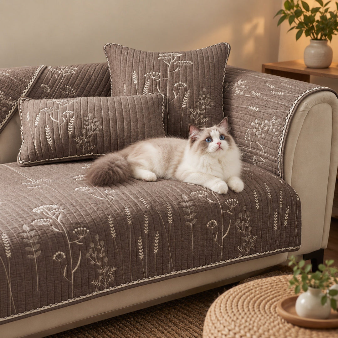 Floral Embroidered Sofa Cover | Sofa Cushion Covers | Non-Slip & Machine-Washable