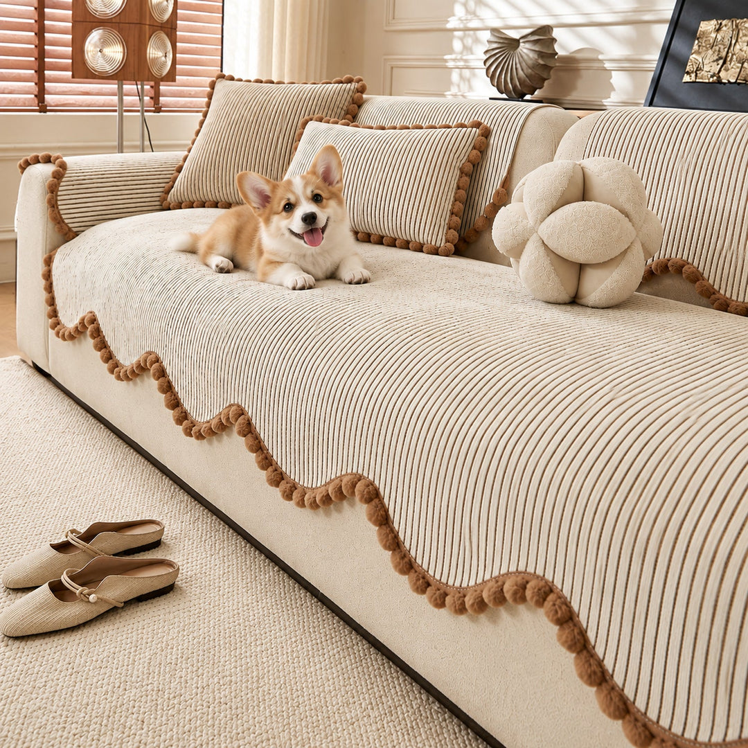 Sofa Cover | Chenille Sofa Protector | Non-Slip Cat-Scratch Resistant | Pom-Pom Trim