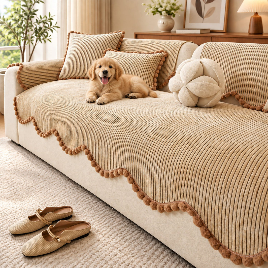 Sofa Cover | Chenille Sofa Protector | Non-Slip Cat-Scratch Resistant | Pom-Pom Trim