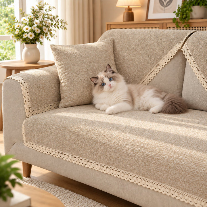 Sofa Cover | Cotton-Linen | Non-Slip Sofa Protector with Lace Trim