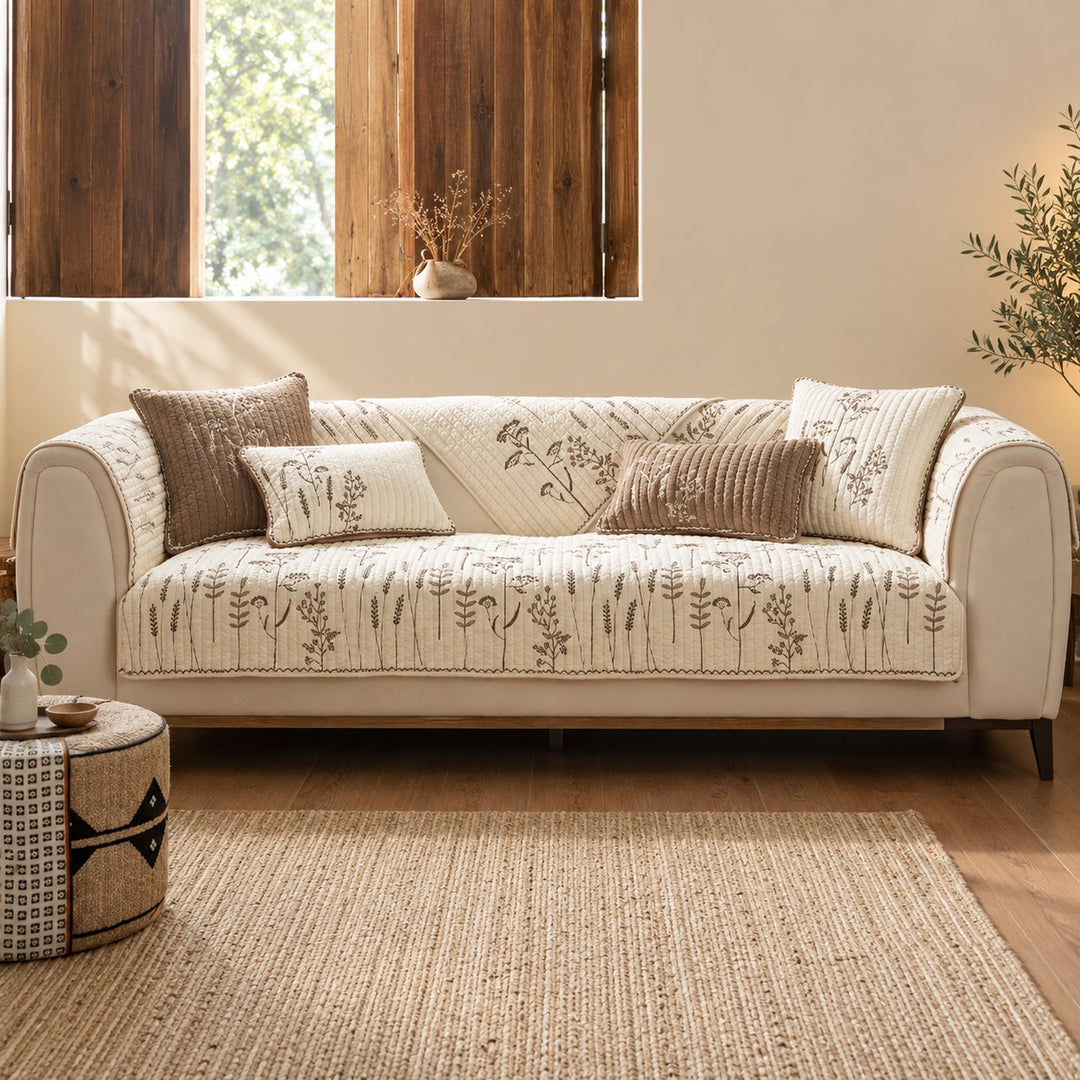 Floral Embroidered Sofa Cover | Sofa Cushion Covers | Non-Slip & Machine-Washable